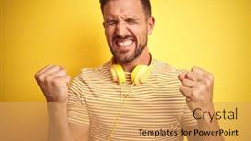  Presentation with yellow music - Beautiful presentation theme featuring young handsome man wearing headphones listening to music over yellow isolated background very happy and excited doing winner gesture with arms raised smiling and screaming for success backdrop and a yellow colored foreground