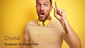 Presentation with yellow music - Audience pleasing presentation consisting of young handsome man wearing headphones listening to music over yellow isolated background pointing finger up with successful idea exited and happy number one backdrop and a yellow colored foreground