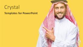  Presentation with finger - Audience pleasing presentation design consisting of young-handsome-man-wearing-keffiyeh backdrop and a  colored foreground