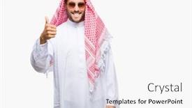  Presentation with success - Amazing PPT theme having young handsome man wearing keffiyeh over isolated background doing happy thumbs up gesture with hand approving expression looking at the camera with showing success backdrop and a white colored foreground
