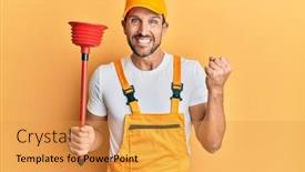  Presentation with plumber - Audience pleasing presentation design consisting of young-handsome-man-wearing-plumber backdrop and a gold colored foreground