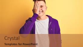  Presentation with emotion - Presentation design enhanced with young handsome man wearing purple sweatshirt standing over isolated yellow background covering one eye with hand confident smile on face and surprise emotion background and a red colored foreground