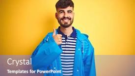 Presentation with rain - PPT theme enhanced with young handsome man wearing rain coat standing over isolated yellow background doing happy thumbs up gesture with hand approving expression looking at the camera with showing success background and a teal colored foreground