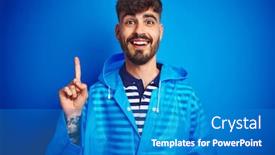  Presentation with young man wearing a hat - PPT theme enhanced with young handsome man wearing rain coat standing over isolated blue background pointing finger up with successful idea exited and happy number one background and a teal colored foreground