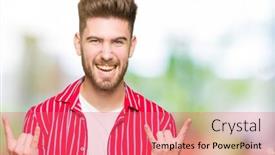  Presentation with star red - Audience pleasing PPT theme consisting of young handsome man wearing red shirt shouting with crazy expression doing rock symbol with hands up music star heavy concept backdrop and a coral colored foreground