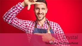  Presentation with apron - PPT theme consisting of young handsome man wearing shop owner apron uniform over red isolated background smiling making frame with hands and fingers with happy face creativity and photography concept background and a red colored foreground