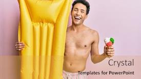  Presentation with mattress - Presentation design consisting of young-handsome-man-wearing-swimsuit background and a yellow colored foreground