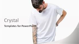  Presentation with backache - Slides featuring young handsome man wearing white t-shirt over isolated background suffering of backache touching back with hand muscular pain background and a white colored foreground