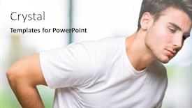  Presentation with backache - Amazing presentation theme having young handsome man wearing white t-shirt over isolated background suffering of backache touching back with hand muscular pain backdrop and a white colored foreground