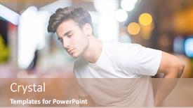  Presentation with backache - Colorful slide set enhanced with young handsome man wearing white t-shirt over isolated background suffering of backache touching back with hand muscular pain backdrop and a coral colored foreground