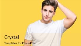  Presentation with question - Cool new PPT theme with young handsome man wearing white backdrop and a  colored foreground
