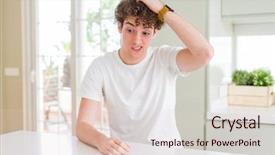  Presentation with question - Theme enhanced with young handsome man wearing white background and a  colored foreground