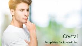  Presentation with question - Presentation consisting of young handsome man wearing white background and a  colored foreground