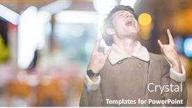  Presentation with rock star - Colorful presentation design enhanced with young handsome man wearing winter coat over isolated background shouting with crazy expression doing rock symbol with hands up music star heavy concept backdrop and a coral colored foreground