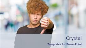  Presentation with black-man - Amazing presentation theme having young handsome man with afro hair wearing black t-shirt looking unhappy and angry showing rejection and negative with thumbs down gesture bad expression backdrop and a sky blue colored foreground