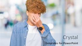  Presentation with breath - Amazing presentation design having young handsome man with afro hair wearing denim jacket smelling something stinky and disgusting intolerable smell holding breath with fingers on nose bad smells concept backdrop and a light blue colored foreground