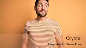  Presentation with beard - Cool new PPT theme with young-handsome-man-with-beard backdrop and a coral colored foreground