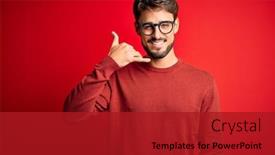  Presentation with red telephone - Cool new PPT theme with young-handsome-man-with-beard backdrop and a crimson colored foreground