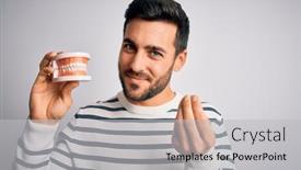  Presentation with denture - Audience pleasing PPT theme consisting of young-handsome-man-with-beard backdrop and a light gray colored foreground
