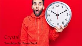  Presentation with clock face - Slide deck with young-handsome-man-with-beard background and a crimson colored foreground