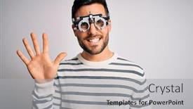  Presentation with optometry - Audience pleasing presentation theme consisting of young-handsome-man-with-beard backdrop and a light gray colored foreground