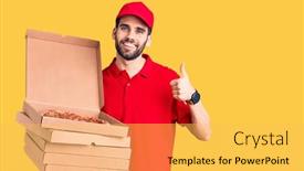  Presentation with pizza delivery - Presentation theme consisting of young-handsome-man-with-beard background and a yellow colored foreground