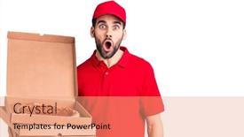  Presentation with pizza delivery - PPT theme consisting of young-handsome-man-with-beard background and a coral colored foreground