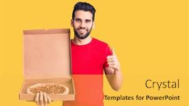  Presentation with pizza delivery - Cool new slide set with young-handsome-man-with-beard backdrop and a yellow colored foreground
