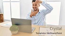  Presentation with working - PPT theme having young-handsome-man-with-beard background and a coral colored foreground