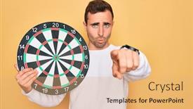 Presentation with dartboard - Colorful PPT theme enhanced with young-handsome-man-with-blue backdrop and a coral colored foreground