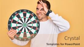 Presentation with dartboard - PPT theme consisting of young-handsome-man-with-blue background and a yellow colored foreground