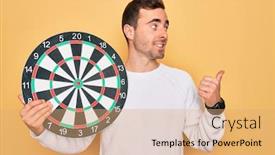  Presentation with dartboard - PPT theme enhanced with young-handsome-man-with-blue background and a coral colored foreground