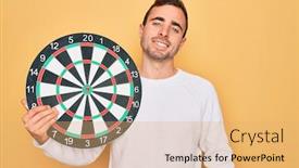  Presentation with dartboard - Presentation theme with young-handsome-man-with-blue background and a coral colored foreground