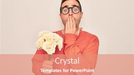  Presentation with hand holding flowers - Audience pleasing presentation design consisting of young-handsome-man-with-blue backdrop and a coral colored foreground