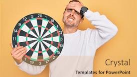  Presentation with dartboard - PPT layouts consisting of young-handsome-man-with-blue background and a yellow colored foreground
