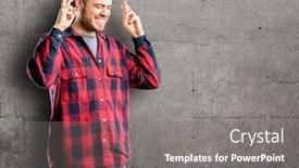  Presentation with good luck - Slide deck featuring young handsome man with crossed fingers asking for good luck background and a gray colored foreground