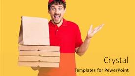  Presentation with pizza delivery - Audience pleasing presentation design consisting of young-handsome-man-with-curly backdrop and a yellow colored foreground