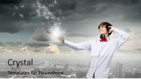  Presentation with disco - Cool new presentation theme with young handsome man with disco plate in hands backdrop and a light gray colored foreground