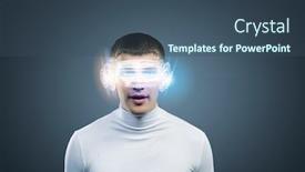  Presentation with hologram - Slide set featuring robot audio - young handsome man with hologram background and a ocean colored foreground