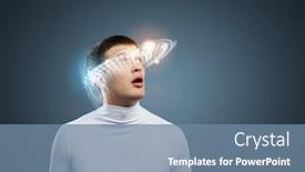  Presentation with hologram - Colorful presentation enhanced with robot audio - young handsome man with hologram backdrop and a seafoam green colored foreground