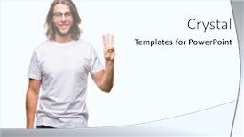  Presentation with long hair man - Presentation with young handsome man with long hair wearing glasses over isolated background showing and pointing up with fingers number three while smiling confident and happy background and a white colored foreground