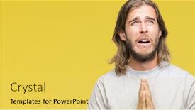  Presentation with long hair man - Audience pleasing presentation theme consisting of young handsome man with long hair over isolated background begging and praying with hands together with hope expression on face very emotional and worried asking for forgiveness religion concept backdrop and a yellow colored foreground