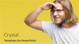  Presentation with far away - PPT theme having young handsome man with long hair wearing glasses over isolated background very happy and smiling looking far away with hand over head searching concept background and a yellow colored foreground