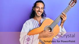  Presentation with classical guitar - Presentation theme enhanced with young-handsome-man-with-long background and a coral colored foreground