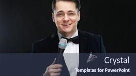  Presentation with black man - Audience pleasing slide deck consisting of young-handsome-man-with-microphone backdrop and a tawny brown colored foreground