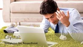  Presentation with project - Slides having young handsome man working under startup project at home background and a yellow colored foreground