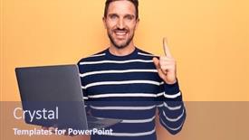  Presentation with pencils blue one yellow - Slide set having young-handsome-man-working-using background and a ocean colored foreground