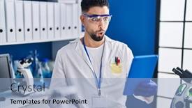  Presentation with scientist - PPT theme having young-handsome-man-working background and a light blue colored foreground