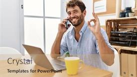  Presentation with speaking - Slide set with young-handsome-man-working background and a  colored foreground