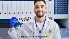  Presentation with scientist - Slide set having young-handsome-man-working background and a light blue colored foreground